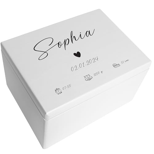 Creative Deco Weiße Erinnerungsbox Baby Personalisiert Herz mit Namen | 40 x 30 x 24 cm | Individuelle Erinnerungskiste Geschenk zur Geburt für Mädchen und Jungen | Holzkiste mit Deckel | Farbdruck von Creative Deco