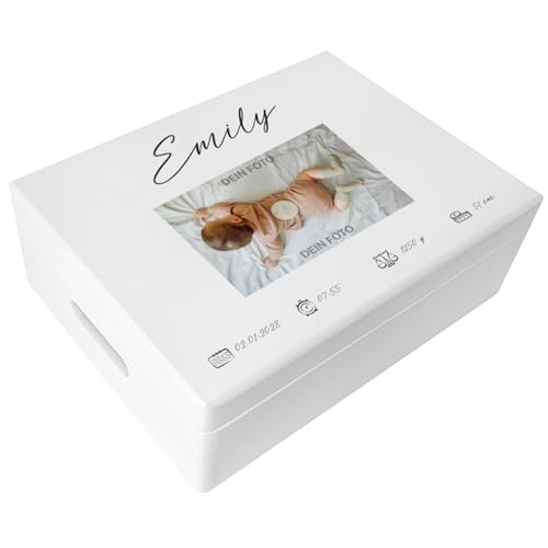 Creative Deco Weiße Foto Erinnerungsbox Baby Holzkiste Fotogeschenke Personalisierte | für Geburt & Taufe | Dein Eigenes Bild Individuelle Geschenk für Mädchen und Jungen | Erinnerungskiste von Creative Deco