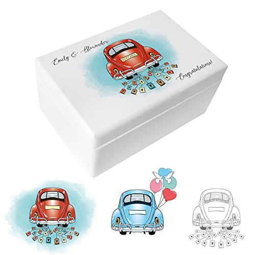 Creative Deco Weiße Geschenk zur Hochzeit | Erinnerungsbox Hochzeit | Personalisiert Geschenkkiste für Brautpaar JGA | Auto Hochzeit Motiv | Holzkiste mit Deckel | Farbdruck | 30 x 20 x 14 cm von Creative Deco