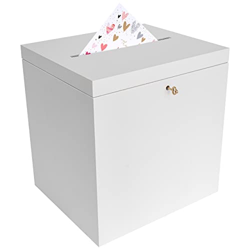 Creative Deco Weiße Holzkiste mit Deckel Kartenbox Hochzeit | 29x25x30 cm | Geldgeschenke Holzbox mit Schlitz, Schloss und Schlüssel Geschenkkarten Box Geldbox Briefbox Kasten | Lagerung Spendenbox von Creative Deco