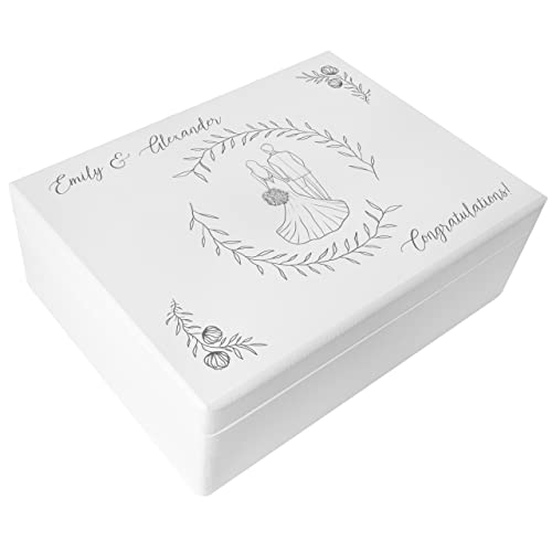 Creative Deco Weiße Geschenk zur Hochzeit | Erinnerungsbox Hochzeit | Personalisiert Geschenkkiste für Brautpaar | Pärchen Hochzeit Motiv | Holzkiste mit Deckel | Farbdruck | 40 x 30 x 14 cm von Creative Deco