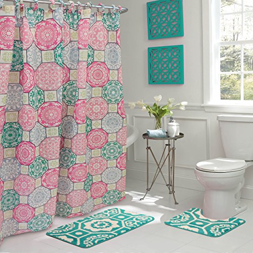 Creative Home Ideas 15-Piece Bathroom Shower Duschvorhang-Set, Polyester, Addison Pink/Blau/Grün, W x L 72" Panels von Creative Home Ideas