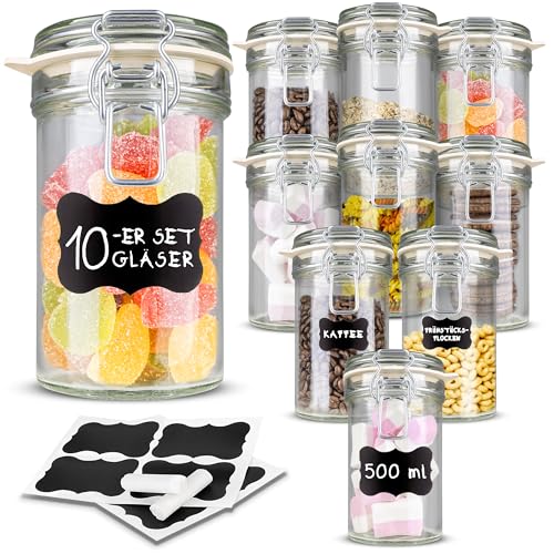 Creative Home 10 x Einmachgläser mit Bügelverschluss | 500ml x 10 Teilig | Vorratsgläser mit Deckel und Gummiring | Drahtbügelgläser Bügelgläser | 12 Wiederverwendbare Aufkleber + 1 Anti-Staub-Kreide von Creative Home