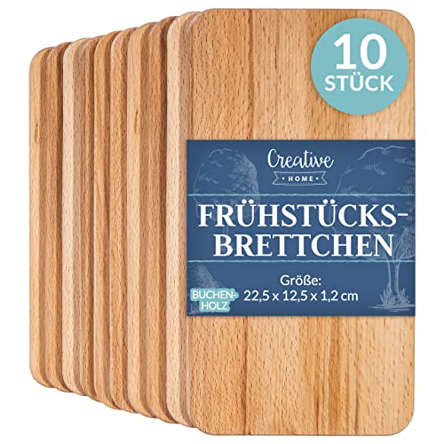 Creative Home 10 x Frühstücksbrettchen Holz Set | 22.5 x 12.5 x 1.2 cm | Holzbrettchen Schneidebrett Brett | Umkehrbar Schneidbrett Brettchen | Frühstücksbrett Holzbrett Küche für Brot Fleisch Gemüse von Creative Home