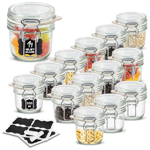 Creative Home 14 x Einmachgläser mit Bügelverschluss | 200ml x 14 Teilig | Vorratsgläser mit Deckel und Gummiring | Drahtbügelgläser Bügelgläser | 16 Wiederverwendbare Aufkleber + 1 Anti-Staub-Kreide von Creative Home