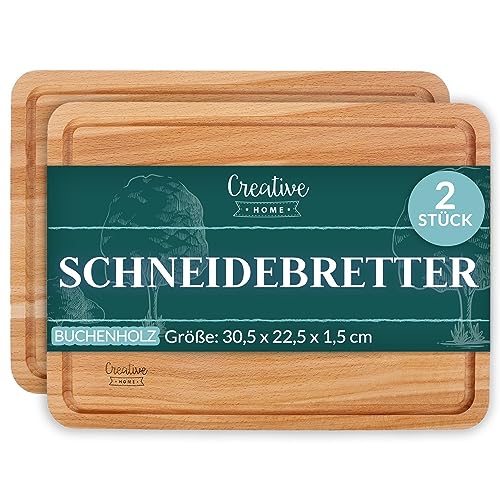 Creative Home 2 x Schneidebrett Holz | 30,5 x 22,5 x 1,5 cm | Holzschneidebrett mit Saftrille | Umkehrbar Schneidbrett | Holzbrett Küche Ideal für Brot, Fleisch, Gemüse, Käse & Schinken von Creative Home