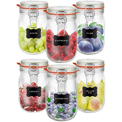 Creative Home 6 x Einmachgläser mit Bügelverschluss | 1 Liter | Vorratsgläser mit Deckel und + Rotem Gummiring | Drahtbügelgläser Bügelgläser | 8 Wiederverwendbare Aufkleber + 1 Anti-Staub-Kreide von Creative Home