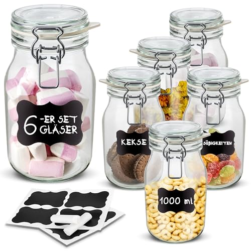 Creative Home 6 x Einmachgläser mit Bügelverschluss Gummiring | 1 Liter Gläser | 8 Wiederverwendbare Aufkleber + 1 Anti-Staub-Kreide | Vorratsgläser mit Deckel | Drahtbügelgläser Bügelgläser von Creative Home