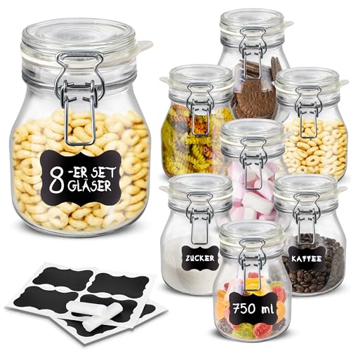 Creative Home 8 x Einmachgläser mit Bügelverschluss | Gläser 750ml | Einmachglas Einweckgläser mit Deckel und Gummiring | Bügelglas luftdicht | 12 Wiederverwendbare Aufkleber + 1 Anti-Staub-Kreide von Creative Home