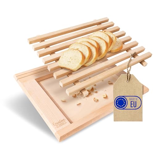 Creative Home Brotschneidebrett mit Krümelfang aus Buche-Holz | 35,5 x 28,5 x 2 cm | Praktisches Krümelbrett und Platz fürs Messer | Schneidebrett mit Gitter | Perfektes Brot-Brett mit Auffangschale von Creative Home
