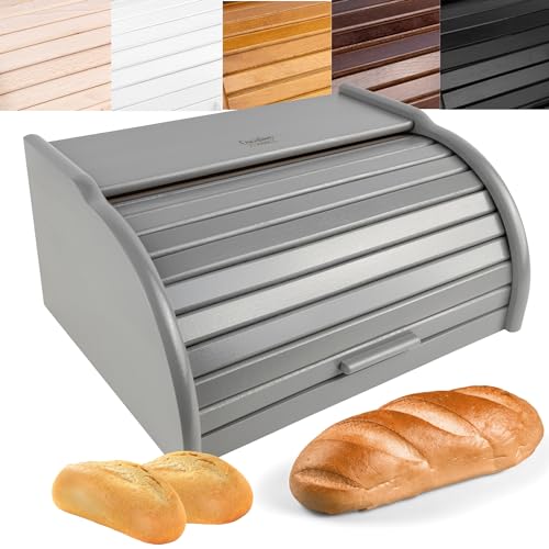 Creative Home Grau Brotkasten Holz | 38 x 28,5 x 17,5cm (+/-1cm) | Perfekte Brotbox für Brot Brötchen Kuchen | Brotkiste mit Roll-Deckel | Natürliche Brot-Kiste | Brotbehälter für Jede Küche von Creative Home