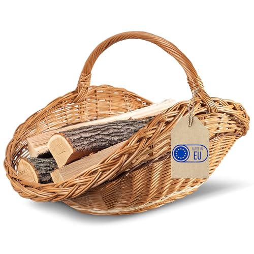 Creative Home Groß Holztrage Rattan Kaminholzkorb Kaminkorb Tragekorb | 67 x 41 x 43 cm | Aufbewahrung Oval Holzkorb Weidenkorb für Kaminholz/Holz | Braun Dick Weide Feuerholzkorb mit Streifen von Creative Home