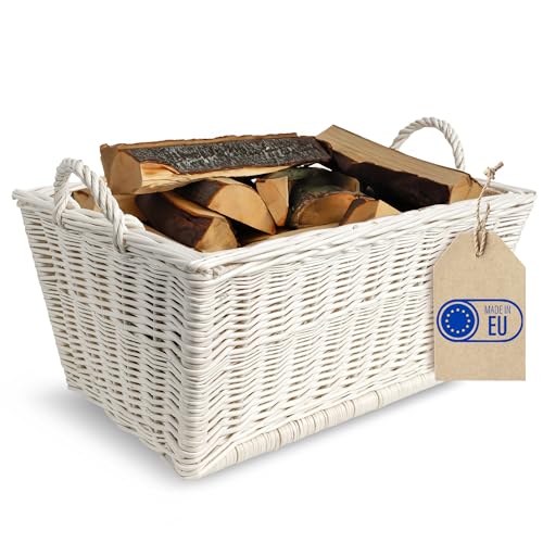 Creative Home Kaminholzkorb Weide Holzkorb für Kaminholz | Weiß | 47 x 33 x 30 cm | Brennholzkorb Feuerholzkorb mit Innenfutter aus Jute | Korb Weidenkorb | Holztrage Holz Tragekorb von Creative Home