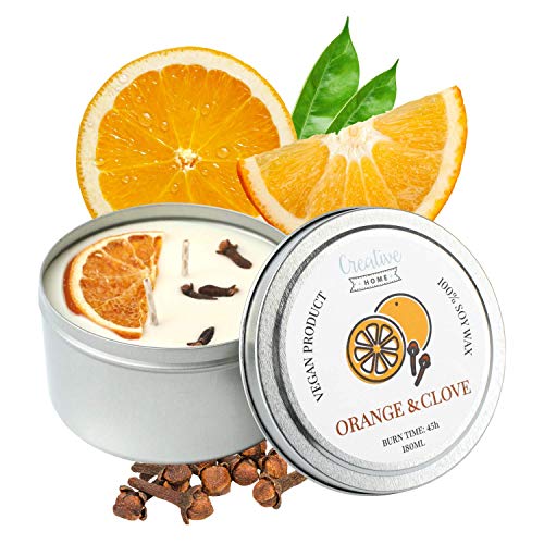 Creative Home Orange Nelken Sojawachs Duftkerze | 45 Stunden Brenndauer | 100% Vegan in Dose | 180 ml Bio Aromatische Kerzen | Geschenke Duftkerzen | Entspannungs Deko oder Candle Geschenk von Creative Home