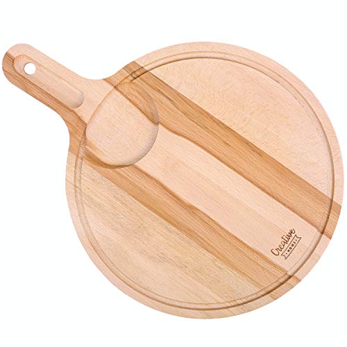 Creative Home Rundes Pizzabrett Tablett Serviertablett Schneidebrett Holz Rund | 40 x 30 x 1,5 cm | mit Griff, Saftrille, Dip-Schüssel Platz | | Holzbrett Rund für Brot, Fleisch, Gemüse von Creative Home