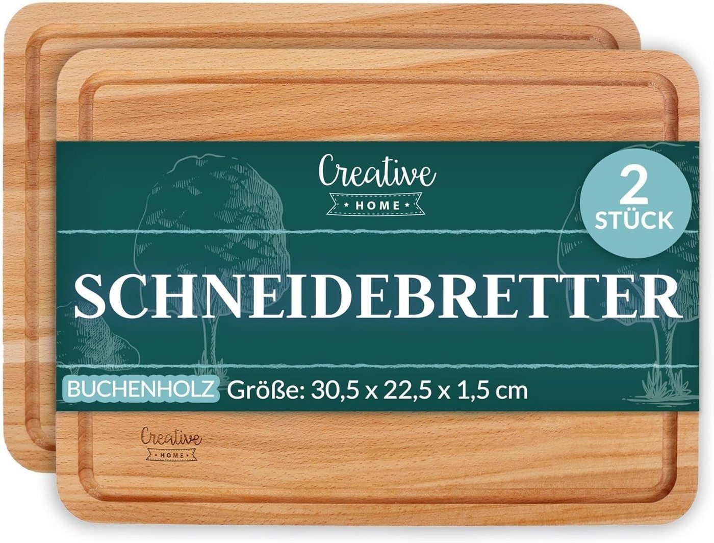 Creative Home Schneidebrett mit Saftrille 30,5 x 22,5 x 1,5 cm Holzschneidebrett Holzbrett Küche, (2-St), mit tiefer Saftrille von Creative Home