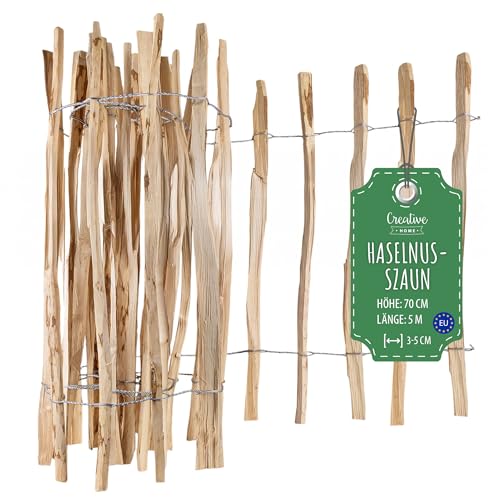Creative Home Staketenzaun 70cm hoch und 5m lang | Haselnusszaun | Rollzaun | Lattenabstand 3-5 cm | Gartenzaun Holz Holzzaun | Zaun Garten Ideal als Rasenkante Blumenbeet Umrandung aus Haselnuss von Creative Home