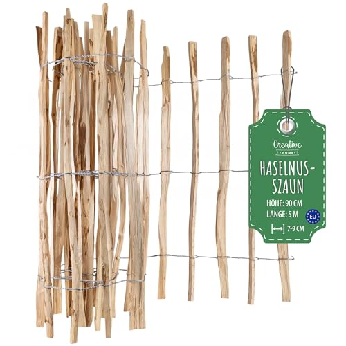 Creative Home Staketenzaun 90cm hoch und 5m lang | Haselnusszaun | Rollzaun | Lattenabstand 7-9 cm | Gartenzaun Holz Holzzaun | Zaun Garten Ideal als Rasenkante Blumenbeet Umrandung aus Haselnuss von Creative Home
