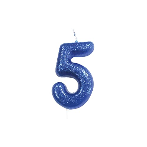 Anniversary House AHC30/5 Bunte blaue Glitzer-Kerze, Zahl 5, Tortenaufsatz zum 5. Geburtstag, 7 cm von Anniversary House