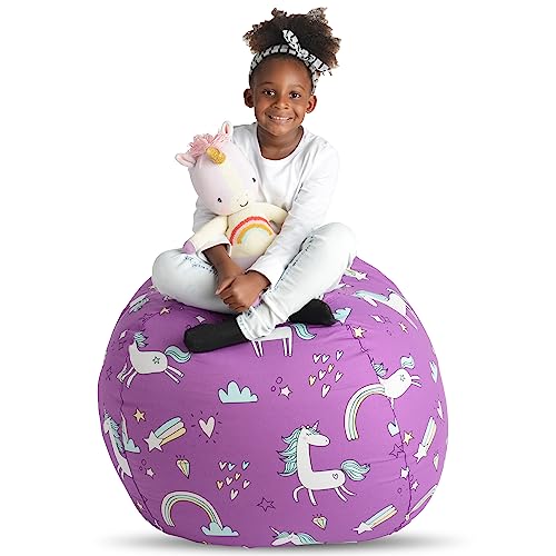 Creative QT Stuff ’n Sit Extra große 38-Zoll-Sitzsack-Aufbewahrungshülle für Kuscheltiere und Spielzeug – Lila Einhorn-Druck von Creative QT