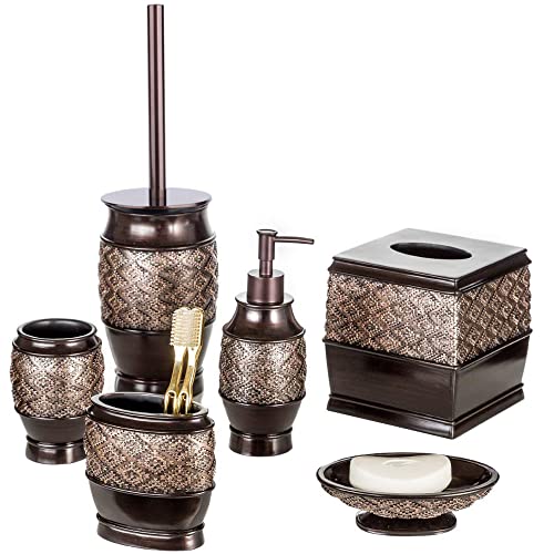 Creative Scents Braunes Badezimmer-Zubehör-Set – 6-teiliges Badezimmer-Set beinhaltet: dekorativer Seifenspender, Seifenschale, Becher, Zahnbürstenhalter, Taschentuchbox-Abdeckung und von Creative Scents