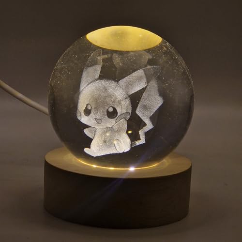Creative Visualization lamp LED Kugel Lampe mit Gravur von Hello Kitty 3D - Cartoon-Design, Sockel aus Holz, Stromversorgung über USB (PIKACHU) von Creative Visualization lamp