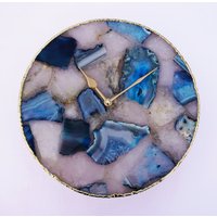 Verbund Blau/Weiß Achat Runde Uhr, Wanduhr, Perfektes Geschenk, Haus Wärmende Geschenke von CreativeHandStoneArt