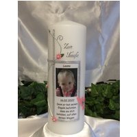 Taufkerze Mit Foto Bild Rosa/Silber Text Spruch 200/70mm Blumen Taube von CreativeKerzen24