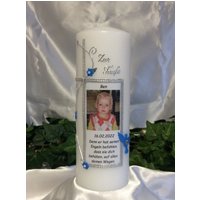Taufkerze Mit Foto Bild Spruch Text Blau/Silber Blumen Taube Kreuz von CreativeKerzen24