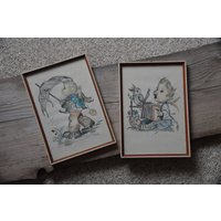 2 Hübsche Wandbilder Im Holzrahmen/Handgezeichnet Je 28, 5x20cm Wohndeko Vintage Retro 60Er 70Er Kindermotive von CreativeMacroArt