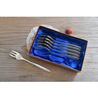 6 Kuchengabeln "Abs Rostfrei" in Schatulle/Je 14, 5cm Lang Besteckset Ddr Ostalgie Vintage 70Er Food Photography Retro von CreativeMacroArt
