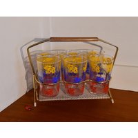 6 Trinkgläser Im Metallhalter/Holzgriff Saftgläser 60Er 70Er True Vintage Retro Buntes Dekor Barzubehör Flower Power von CreativeMacroArt