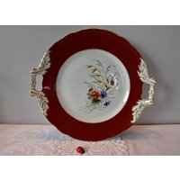 Alter Zierteller/Prunkteller Mit Handhaben Porzellan Blumendekor Roter Rand 40Er 50Er Mid Century Vintage Retro von CreativeMacroArt
