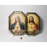Alte Wandbilder "Heiliges Herz Maria & Jesu"/Je 20, 5x16cm Wohndeko 50Er Mid Century Religiöse Kunst Vintage Flammendes von CreativeMacroArt