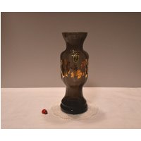 Hübsche Blumenvase Aus Glas/Czechoslovakia 20cm Hoch Blattdekor in Gold Grau-Lila 70Er Jahre Vintage Retro Tischdeko von CreativeMacroArt