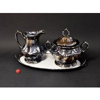 Milchkännchen & Zuckerdose Auf Tablett Aus Porzellan Mit Silberauflage/"Deutsche Qualitätsarbeit" 60Er Mid Century Kaffeegeschirr von CreativeMacroArt