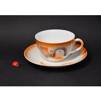 Teegedeck Aus Porzellan Mit Spritzdekor in Orange-Grau/Art Déco Gedeck Teegeschirr Tasse & Untertasse 40Er Vintage von CreativeMacroArt