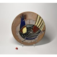 Wandteller Aus Keramik Mit Stilisiertem Hahn/22cm Durchm. 60Er Mid Century Wohndeko Vintage Tischdeko Schale Ritzdekor von CreativeMacroArt