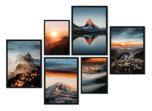 CreativeRobin Premium Poster Set als Wohnzimmer Deko Schlafzimmer | 4x A3 + 2x A4 Wandbilder Collage » Bergpanorama mit Sonnenuntergang « von CreativeRobin