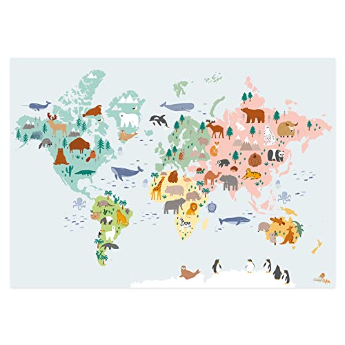 A1 Weltkarte mit süßen Tiermotiven für Kinderzimmer | CreativeRobin von CreativeRobin