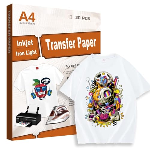 Creatorally Inkjet Transferpapier für Helle T-Shirts, Transferfolie für Weiß Stoffe Textilien, Bügelfolie A4 zum Tintenstrahldrucker und Laserdrucker (20 Blatt, Standard) von Creatorally