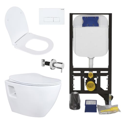 Creavit Hänge WC Set Weiß spülrandlos mit Edelstahl Bidet, Softclose WC Sitz und 3/6 L Vorwandelement Unterputz Komplettset von Creavit