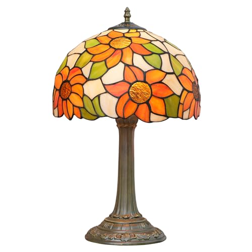 Crecobo Tischlampe im Tiffany-Stil, Buntglas-Sonnenblumen-Design, Orange, Weiß, Grün, 48,3 cm Höhe, handgefertigter Kuppelschirm, Aluminium-Sockel, dekorative Beleuchtung für Schlafzimmer, Wohnzimmer von Crecobo