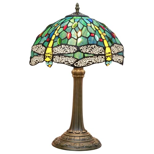 Crecobo Tischlampe im Tiffany-Stil, blau-grüne Buntglas-Libellen-Design, 48 cm Höhe, handgefertigte Leselampe, Retro-viktorianischer Stil, dekorative Beleuchtung für Schlafzimmer, Arbeitszimmer von Crecobo