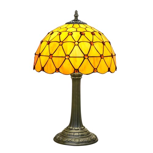 Crecobo Tischlampe im Tiffany-Stil, orangefarbene Tee-Perlen, Buntglas, 30,5 cm, antiker Metallsockel, handgefertigtes Vintage-Design für Schlafzimmer, Wohnzimmer, Arbeitszimmer, kompatibel mit E26 von Crecobo