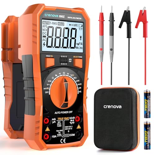 Crenova Digital multimeter, TRMS Voltmeter Ammeter Auto-Range 6000 Zähler Ohmmeter, misst Spannung Kapazität Temp Wiederstand mit Large LCD-Anzeige und Hintergrundlicht, for Automotive, Elektrike von Crenova