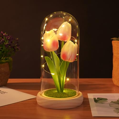 Creperture Tulpen Blume im Glas Geschenke zum Valentinstag Elegante Tulpen Dekorative Künstliche Blumen mit LED Lichtern Heimdekoration Nachtlichter für Frauen, Mutter,Rose von Creperture