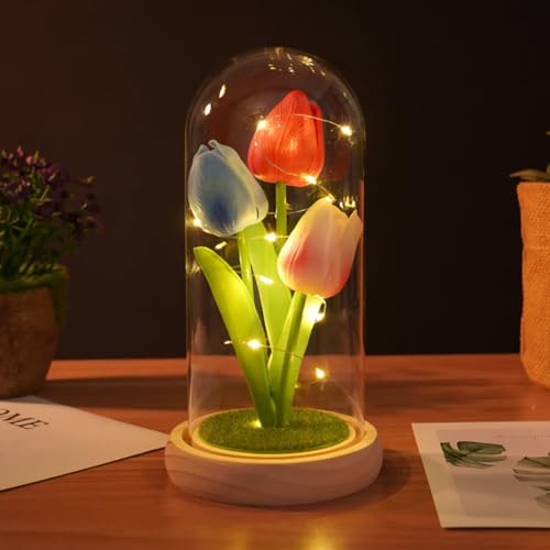 Creperture Tulpen Blume im Glas Geschenke zum Valentinstag Elegante Tulpen dekorative künstliche Blumen mit LED Lichtern Heimdekoration Nachtlichter für Frauen, Mutter,gemischte Farben von Creperture