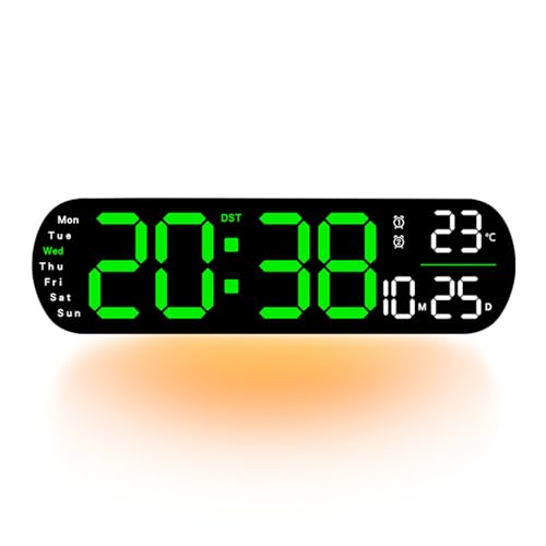 Creperture Wanduhr Digital, 35cm LED Wanduhr großem Display 9 Einstellbare Helligkeit, Woche, Temperatur, Speicherfunktion Wanduhr für Küche, Wohnzimmer, Schlafzimmer, Büro,Grün von Creperture