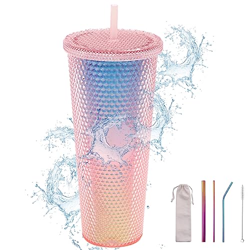 Cresbel Nieten Becher mit Deckel und Strohhalm, 710ml Wiederverwendbarem Doppelwandiger Plastik Trinkbecher, Kaltbecher, Kunststoff Trinkbecher, Reisebecher für Eiskaffee oder Wasser to Go(Rosa) von Cresbel